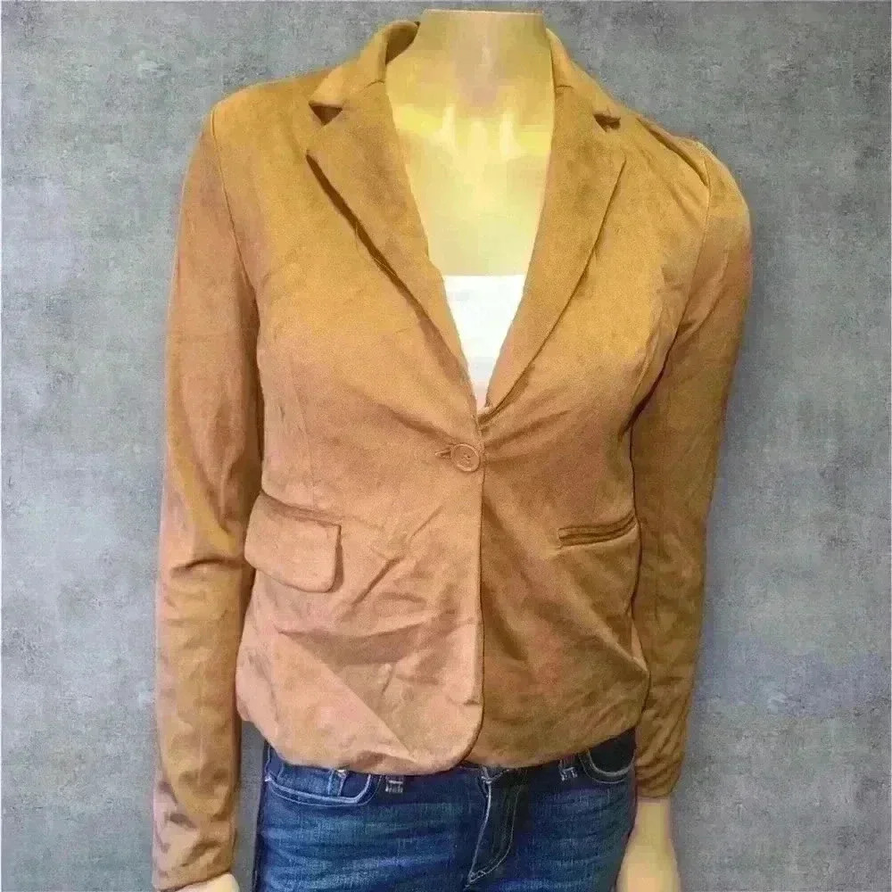 NWT Sincerely Jules Tan Faux Suede Blazer Buttoned Casual Jacket for Women Sz XS